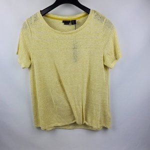 TAHARI Linen Short Sleeve Hem Tie Top Shirt Womens Medium Yellow White Stripes